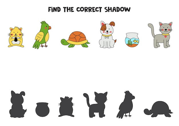 Find the correct shadows of cartoon pets Logical puzzle for kids