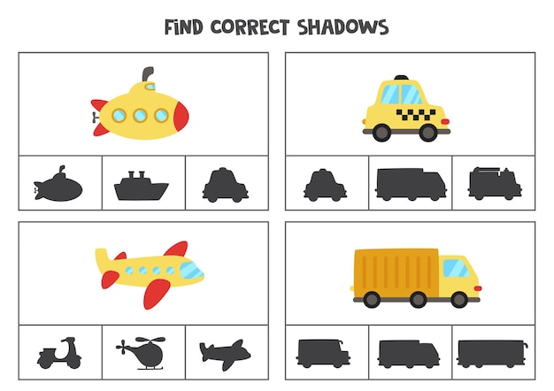 Find the correct shadows of cartoon transportation means. Clip cards for preschool kids.