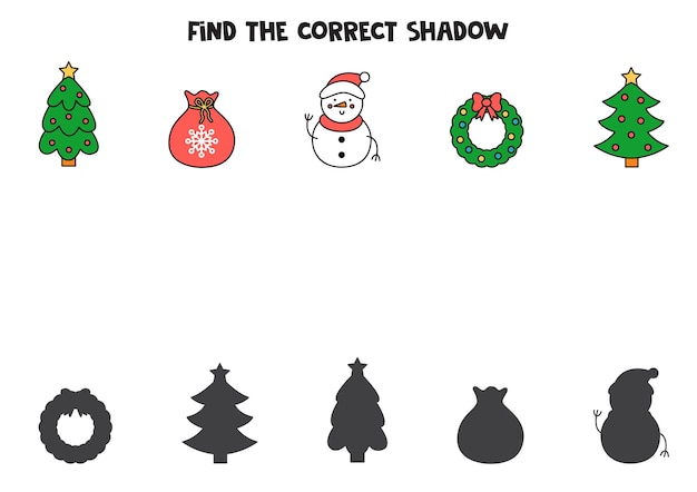 Find the correct shadows of Christmas pictures. Logical puzzle for kids.