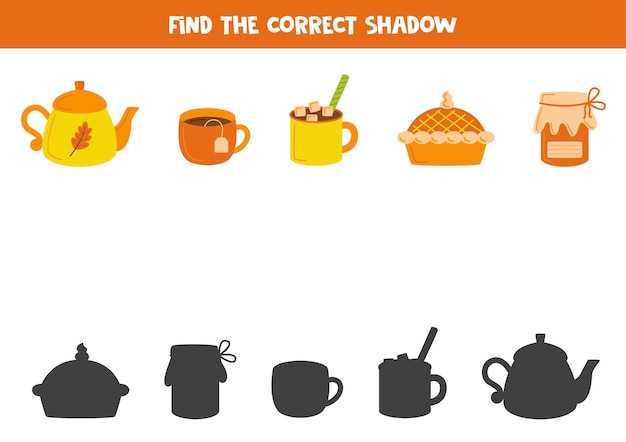 Find the correct shadows of cute autumn elements Logical puzzle for kids