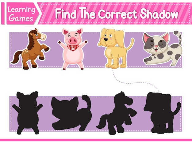 Find the correct shadows of cute cartoon Animals Kids educational game Printable Worksheet Vector Illustration