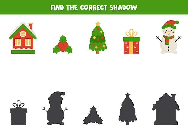 Find the correct shadows of cute Christmas elements Logical puzzle for kids