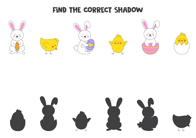 Find the correct shadows of cute Easter bunnies and chicks Logical puzzle for kids