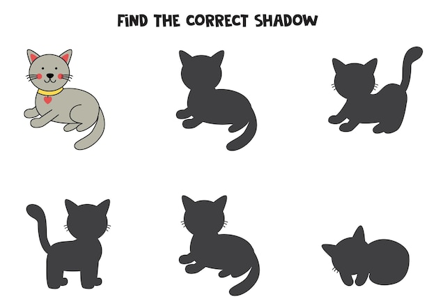 Find the correct shadows of cute gray cat Logical puzzle for kids