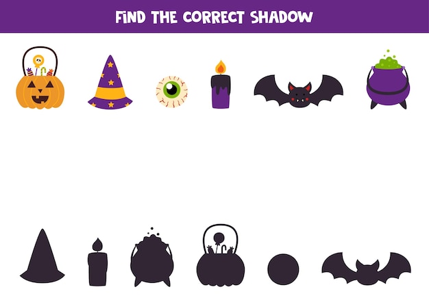 Find the correct shadows of cute Halloween elements. Logical puzzle for kids.