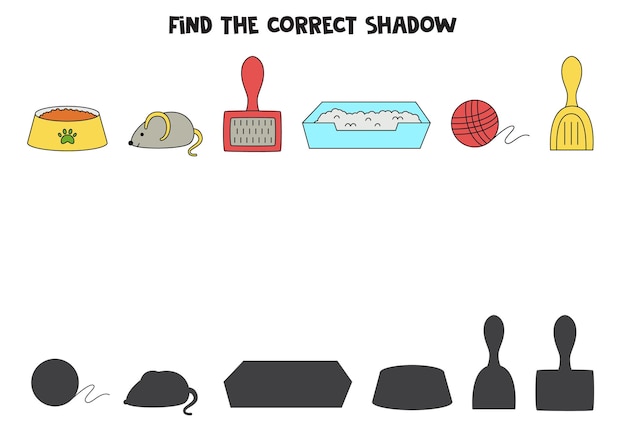 Find the correct shadows of cute pet accessories Logical puzzle for kids