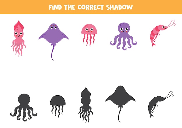 Find the correct shadows of cute sea animals Logical puzzle for kids