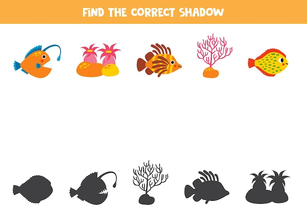 Find the correct shadows of cute sea animals Logical puzzle for kids