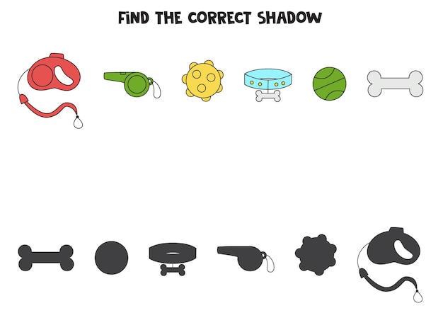 Find the correct shadows of dog accessories Logical puzzle for kids