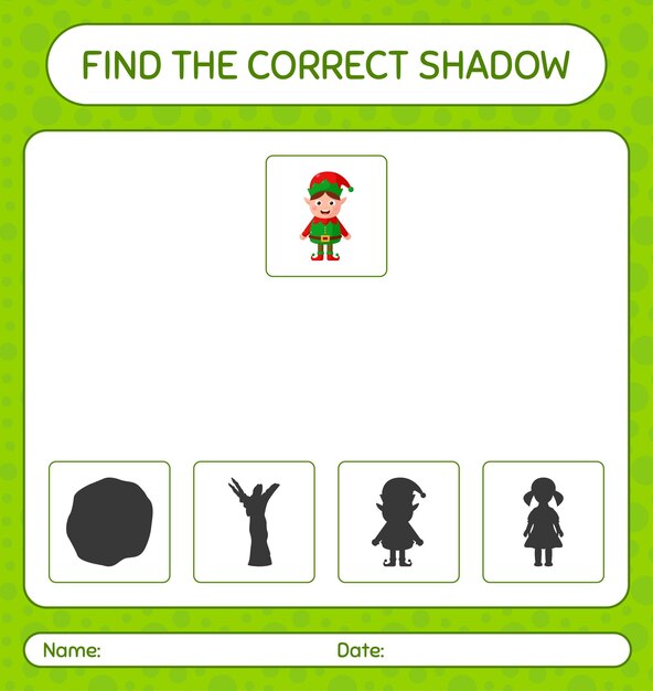 Find the correct shadows game with elf. worksheet for preschool kids, kids activity sheet