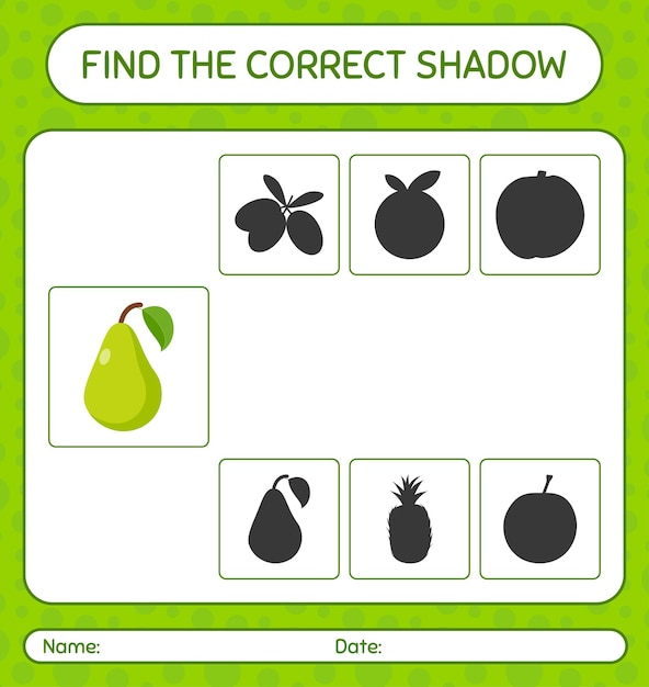 Find the correct shadows game with pear. worksheet for preschool kids, kids activity sheet