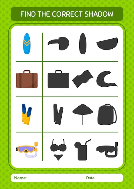 Find the correct shadows game with summer icon worksheet for preschool kids kids activity sheet