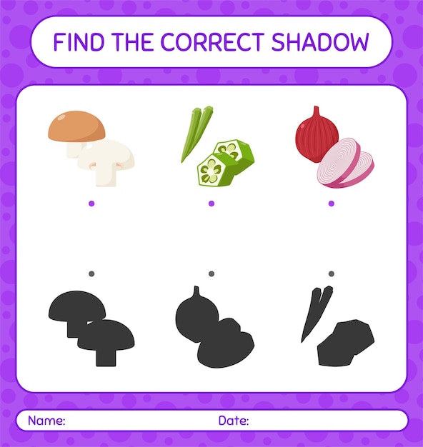 Find the correct shadows game with vegetables. worksheet for preschool kids, kids activity sheet