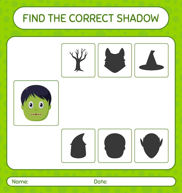 Find the correct shadows game with zombie. worksheet for preschool kids, kids activity sheet