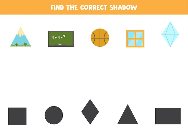 Find the correct shadows of geometrical objects. Logical puzzle for kids.