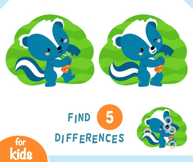 Find differences educational game for children, Cartoon characters skunk