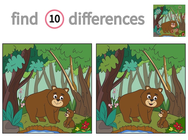 Find differences educational game for children vector illustration of cute brown bear in the forest