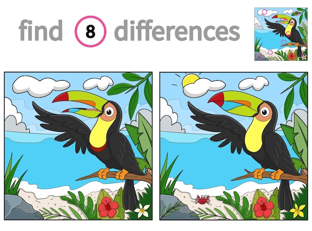 Find differences educational game for children vector illustration of cute toucan on the beach