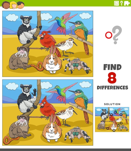 find the differences educational task with cartoon animal characters group