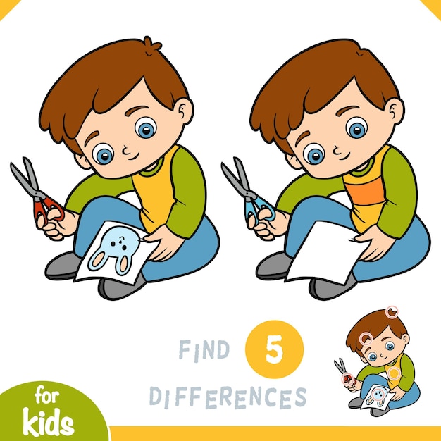 Find differences game for children Boy cuts a picture with scissors