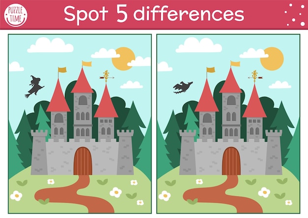 Find differences game for children Fairytale educational activity with cute castle on a hill Magic kingdom puzzle for kids with fantasy character Fairy tale printable worksheet or pagexA