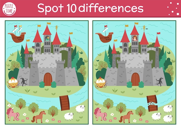 Find differences game for children Fairytale educational activity with cute castle princess frog prince Magic kingdom puzzle for kids with fantasy character Fairy tale printable worksheet or pagexA