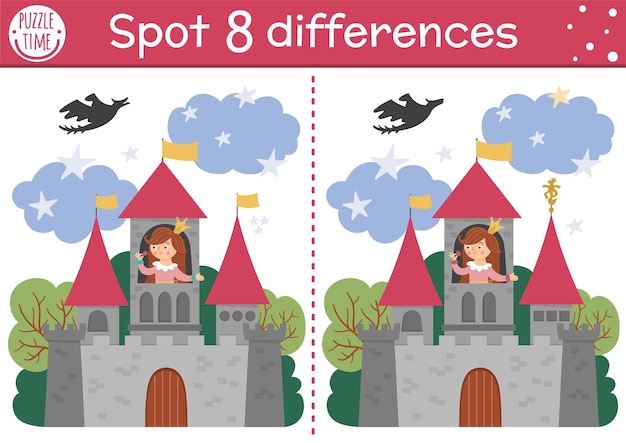 Find differences game for children Fairytale educational activity with cute princess in the castle Magic kingdom puzzle for kids with fantasy character Fairy tale printable worksheet or pagexA