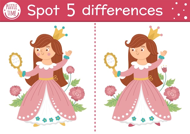 Find differences game for children Fairytale educational activity with cute princess and mirror Magic kingdom puzzle for kids with fantasy character Fairy tale printable worksheet or pagexA