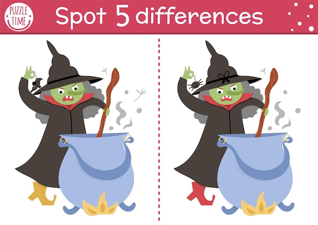 Find differences game for children Fairytale educational activity with cute witch and cauldron Magic kingdom puzzle for kids with fantasy character Fairy tale printable worksheet or pagexA