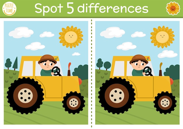 Find differences game for children On the farm educational activity with cute farmer on tractor Farm puzzle for kids with countryside landscape Rural village printable worksheet or pagexA