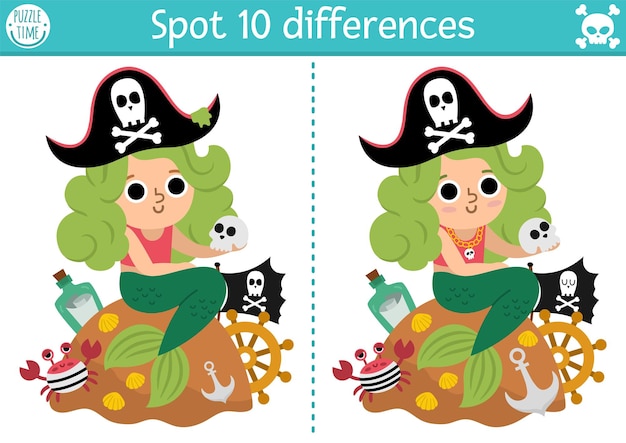 Find differences game for children Sea adventures educational activity with cute pirate mermaid