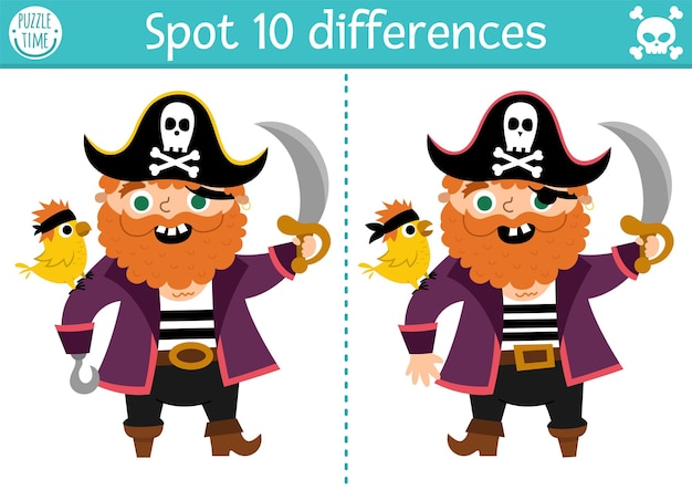 Find differences game for children Sea adventures educational activity with cute pirate with parrot and sable Puzzle for kids with funny character Marine printable worksheet or pagexA