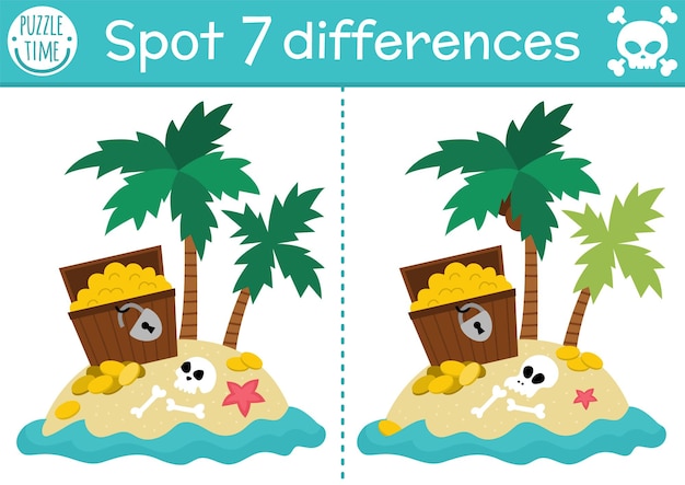 Find differences game for children Sea adventures educational activity with cute treasure island and chest Tropical puzzle for kids with funny scene Marine printable worksheet or pagexA