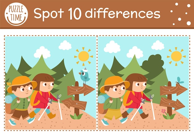 Find differences game for children Summer camp educational activity with hiking kids road sign forest bird Printable worksheet with cute camping or forest scenery Woodland preschool sheetxA