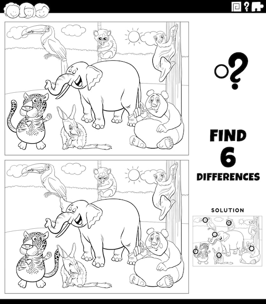 find the differences game for children with cartoon animals coloring page