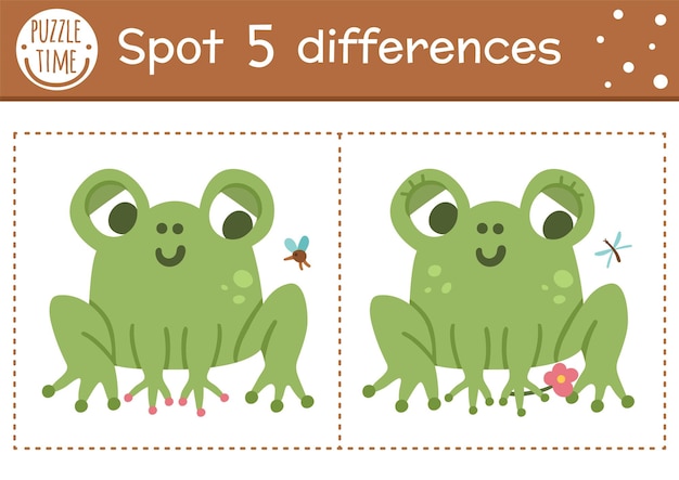 Find differences game for children Woodland educational activity with funny frog and insect Printable worksheet with cute animal Summer nature puzzle for kids Forest preschool sheetxA