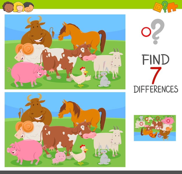 find differences game with farm animals