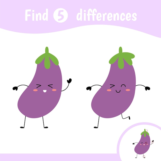 Find differences for kids Educational game for children Cartoon vector illustration of cute funny vegetables with faces Eggplant