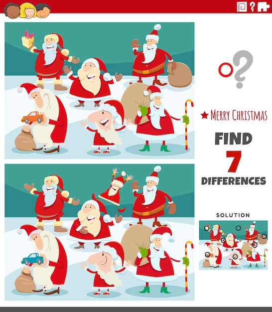 find differences between pictures educational game with Santa Claus characters on Christmas time