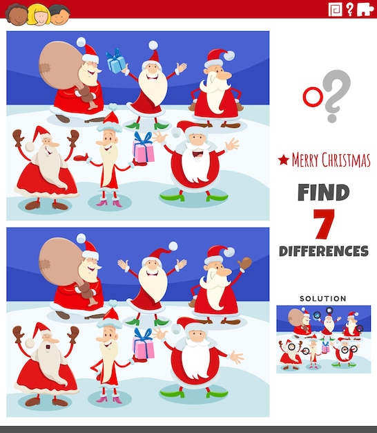 find differences between pictures educational task with Santa Claus characters on Christmas time