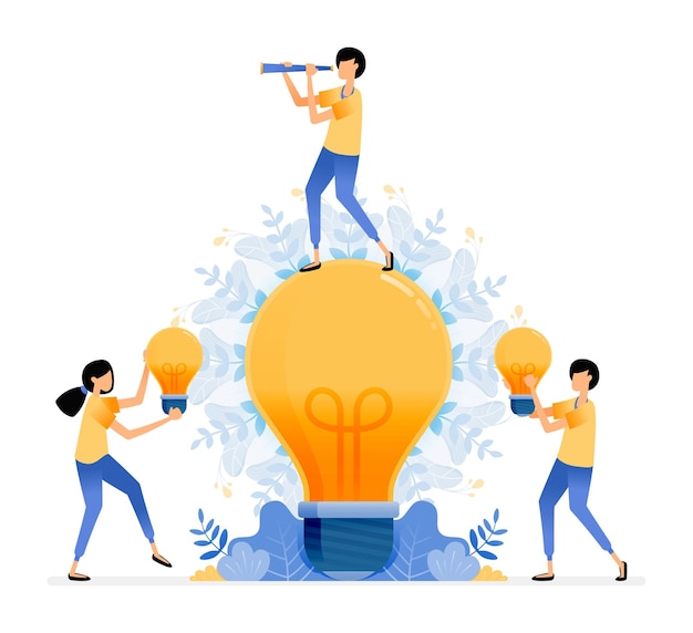 find and explore ideas. man standing on light bulb. people holding light bulb