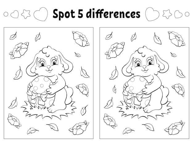 Find five differences Easter theme Coloring page for kids Activity worksheet for children Vector illustration isolated on white background