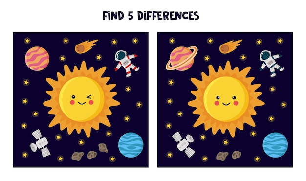 Find five differences between pictures.  Sun and planets illustration.