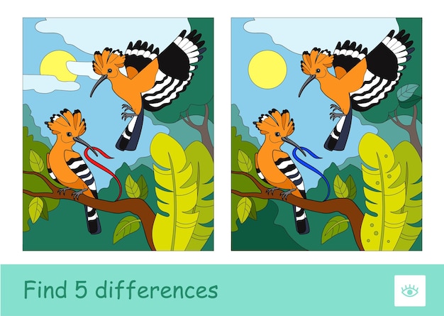 Find five differences quiz children game with image of two hoopoes in a wood for preschool kids