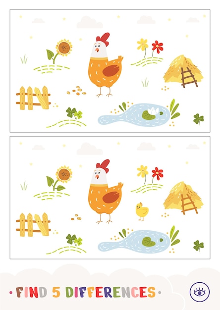 Find five differences quiz game with a cartoony chicken walking on a countryside farm bird yard