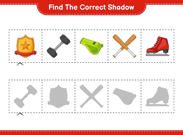 Find and match the correct shadow of Ice Skates Whistle Dumbbell Baseball Bat and Trophy