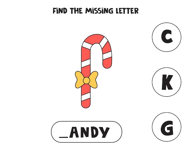 Find missing letter. Christmas candy. Educational spelling game for kids.