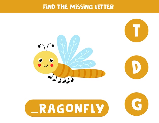 Find missing letter. Cute dragonfly. Educational spelling game for kids.