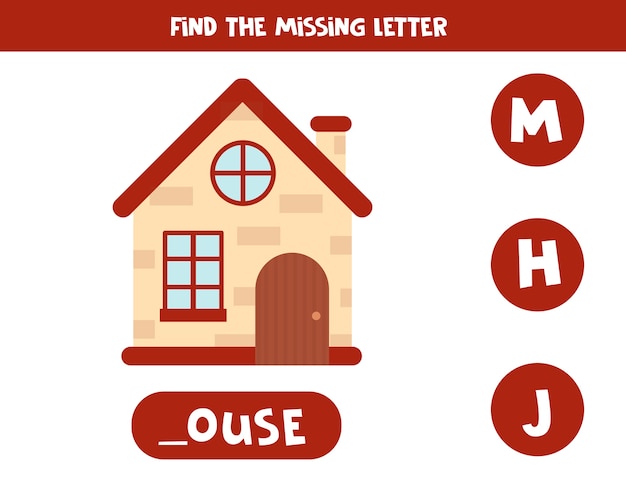 Find missing letter. Educational spelling game for kids.   illustration of cartoon house. Practicing English alphabet. Printable worksheet.