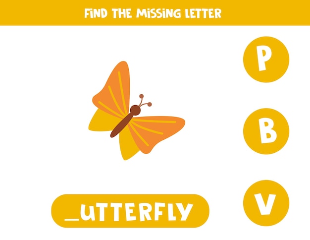 Find missing letter with cartoon butterfly Spelling worksheet